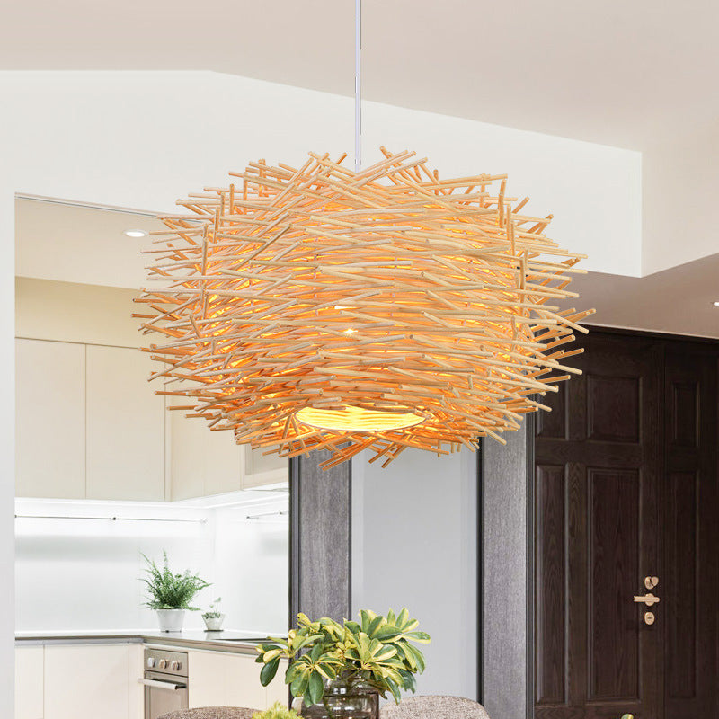 Woven Bamboo Birdcage Chandelier / Wood color / 30cm